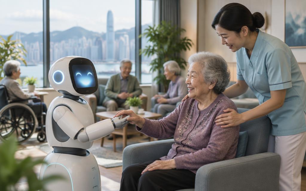 長者在護理員陪同下與接待機器人溫馨互動